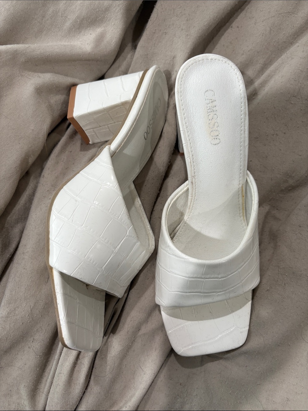 White Croc-Embossed Block Heel Slide